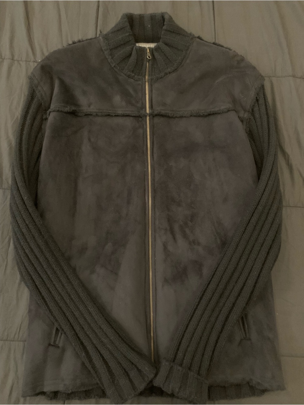 Vintage Leonardi Collezion Men's Black Jacket with Knit Sleeves